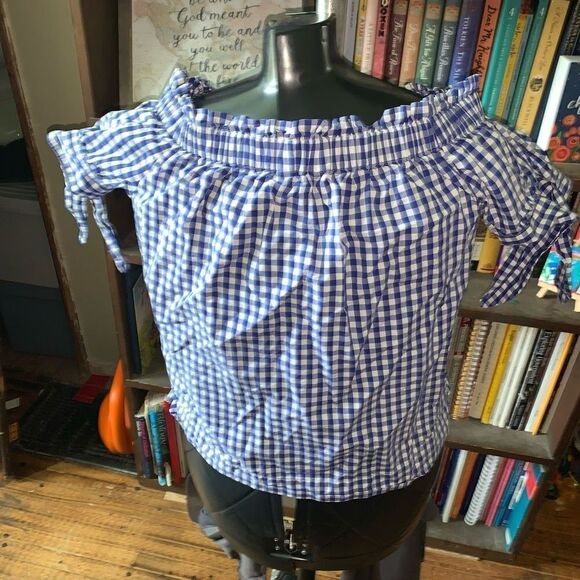 J Crew blue gingham off shoulder size 2 grandmacore blouse - Picture 2 of 3